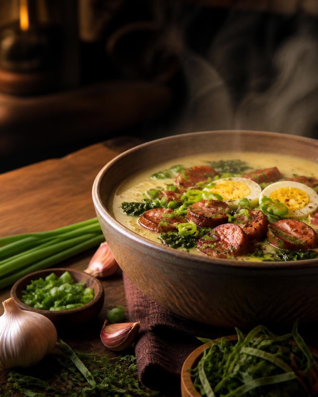 Caldo brasileiro cremoso com calabresa, couve e ovos